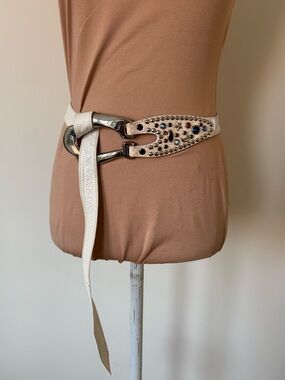APPLE ACC NYC Vintage White Leather Embellished Gem Silver Buckle Waist Belt OS